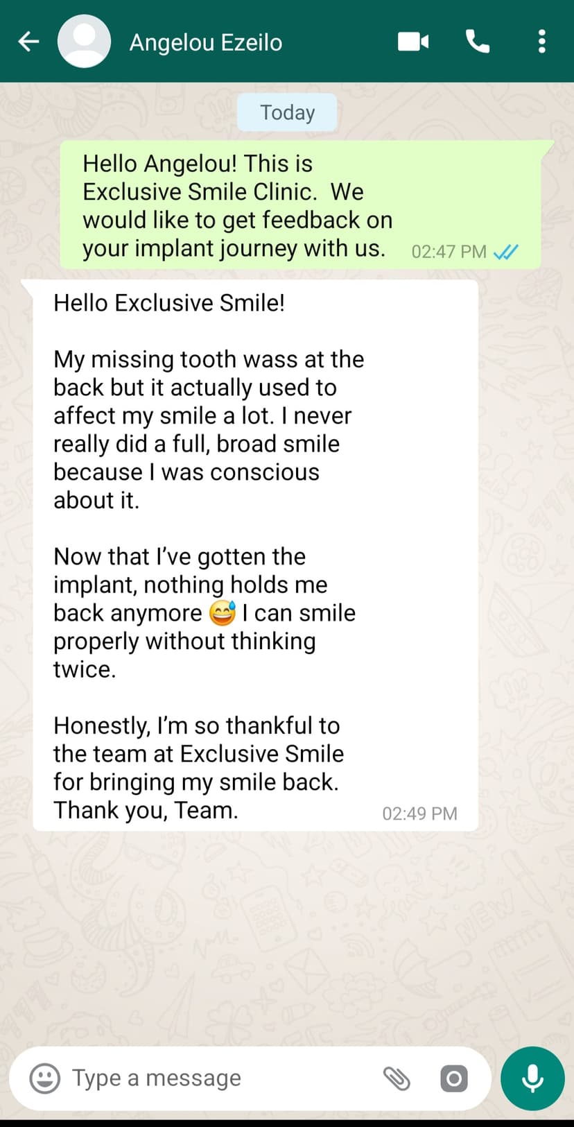 WhatsApp testimonial from Angelou Ezeilo