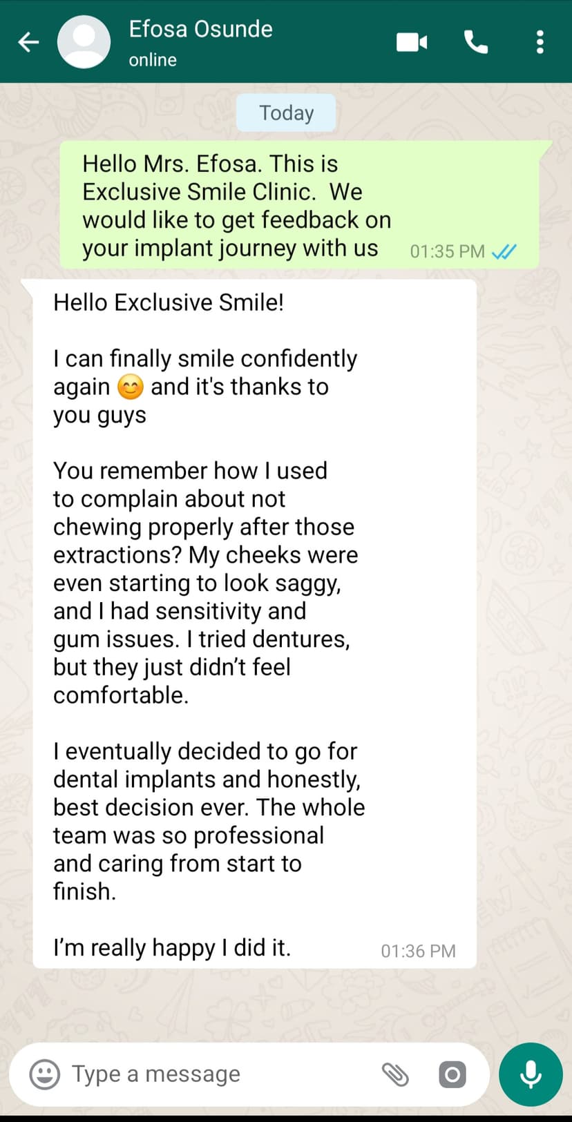 WhatsApp testimonial from Efosa Osunde